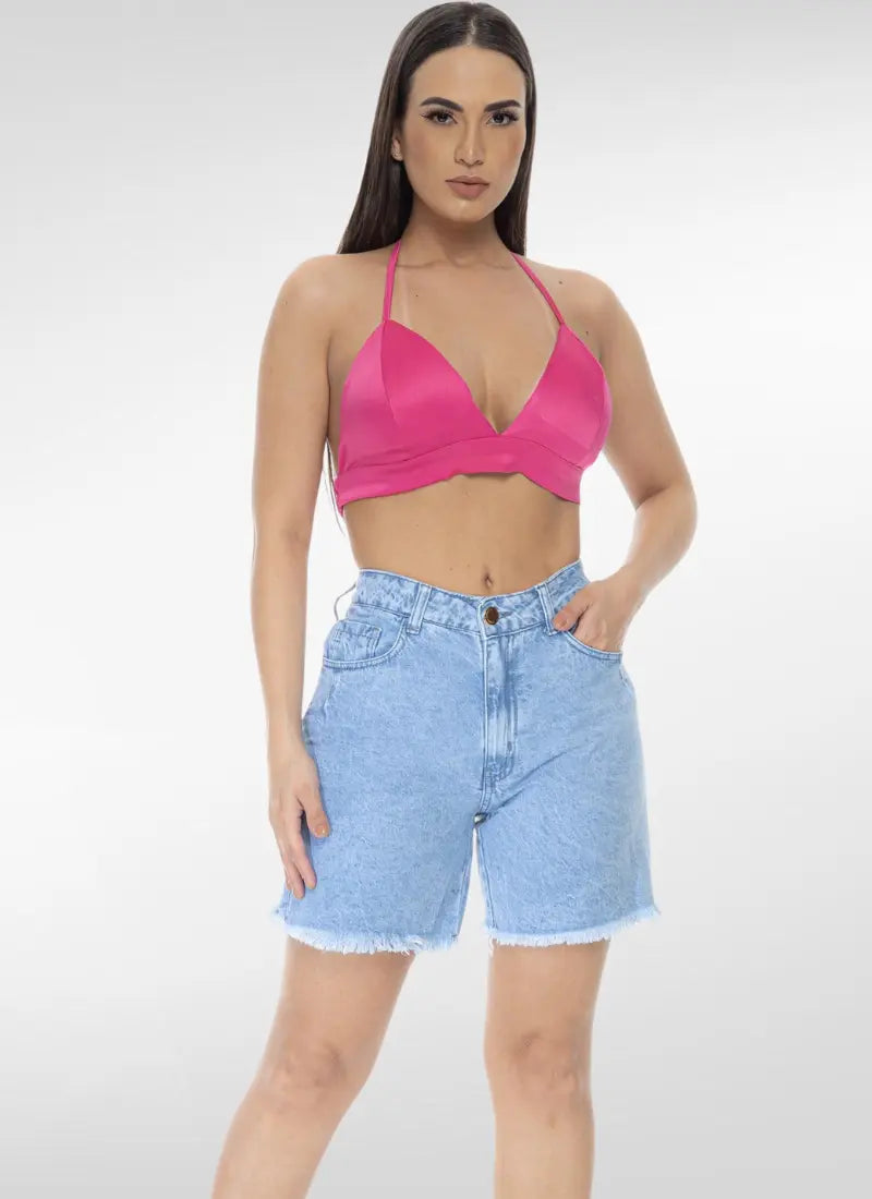 Short Jeans Feminino Mom Barra Desfiada