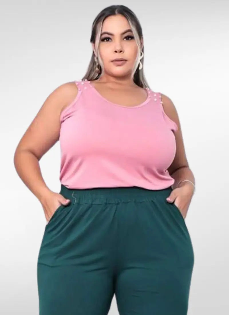 Regata Feminina plus size com pérola no ombro