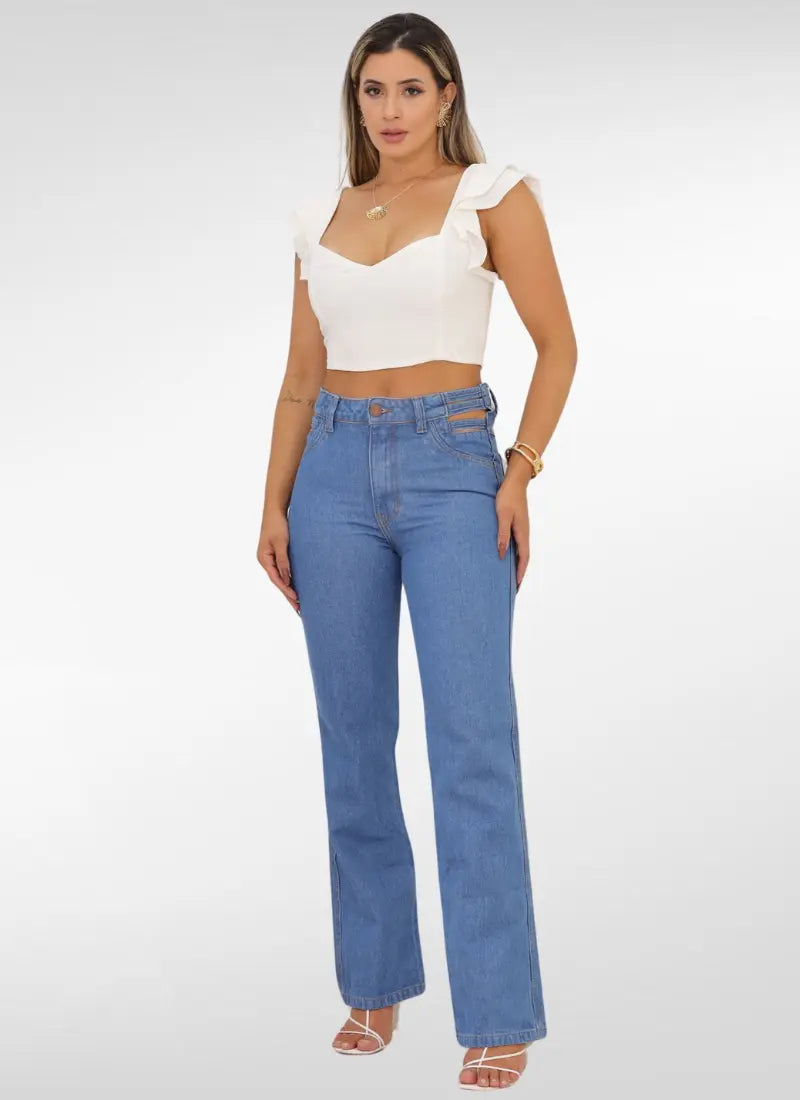 Calça Jeans Feminina Reta Com Abertura Acima do Bolso