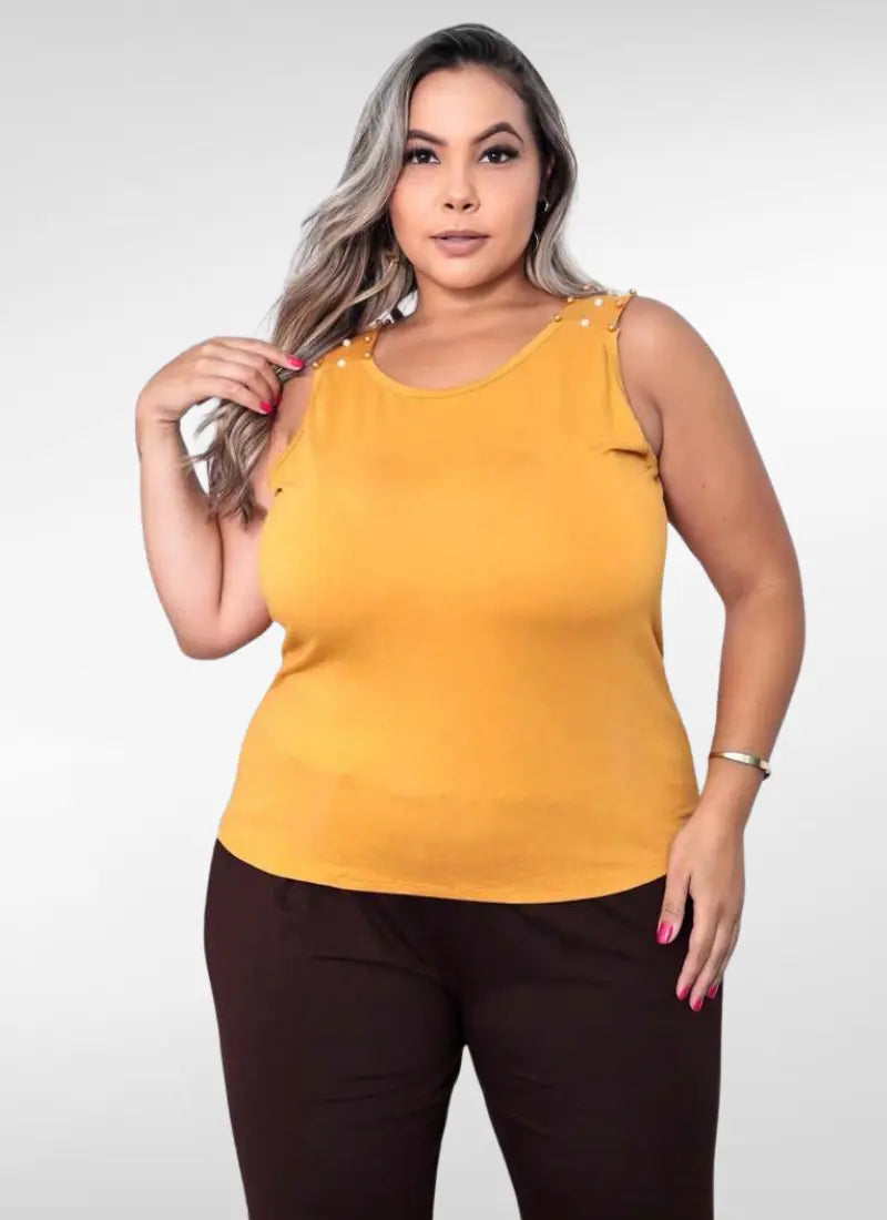 Regata Feminina plus size com pérola no ombro