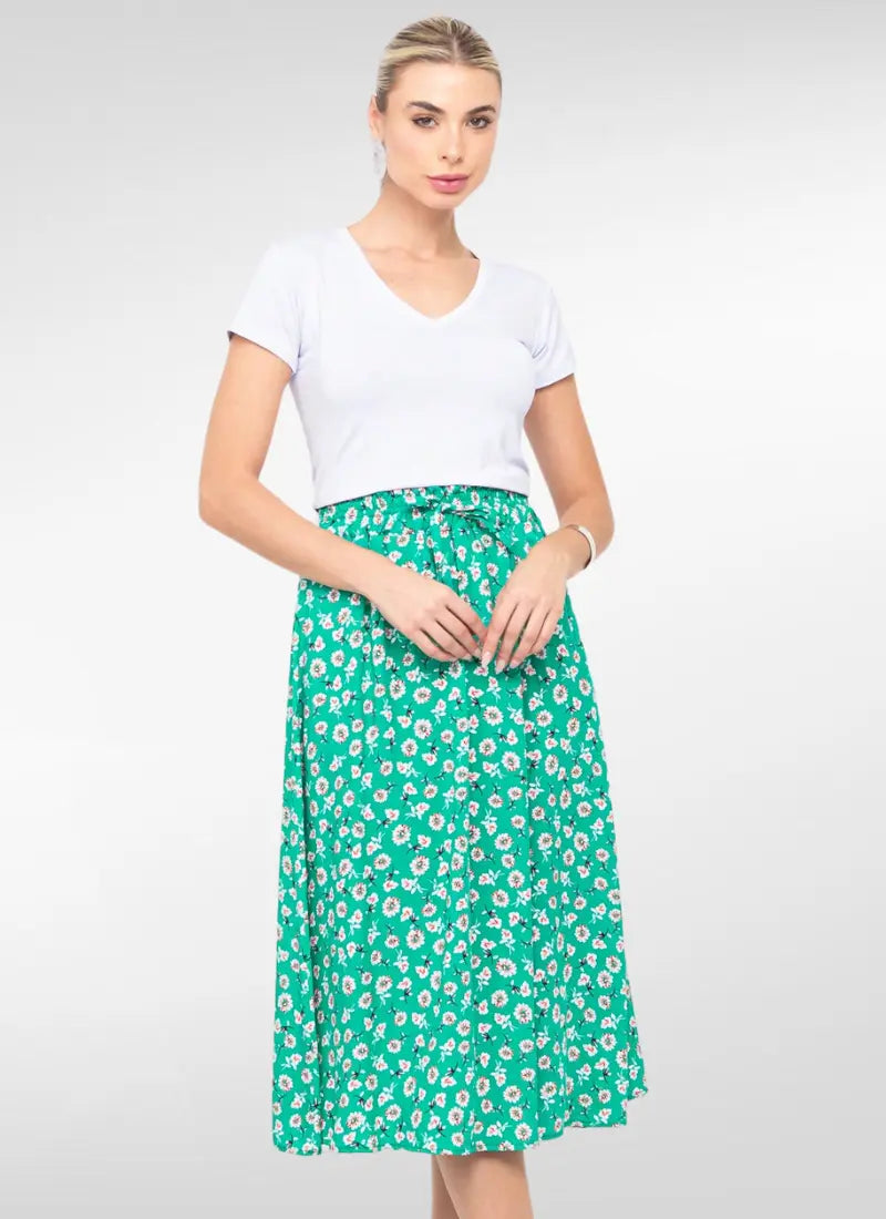 Saia midi com estampa floral em viscose