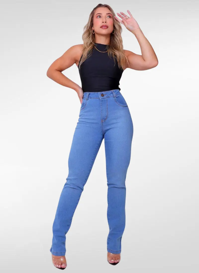 Calça Jeans Feminina Reta Cintura Alta