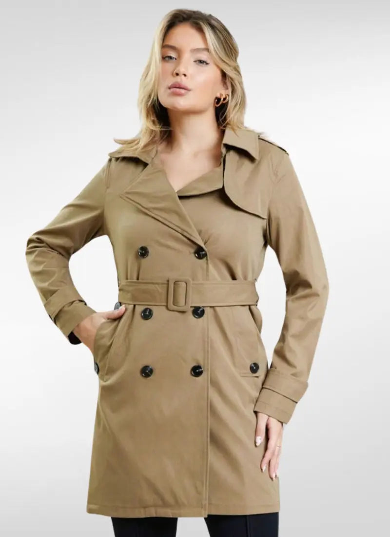 Casaco Feminino Trench coat de abotoamento duplo e cinto