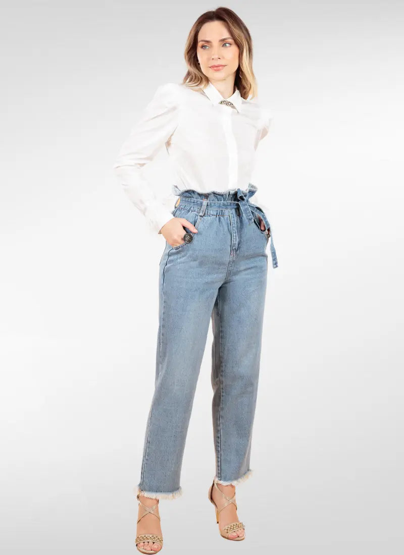 Calça Jeans Feminina Clochard Com Cinto e Bolso