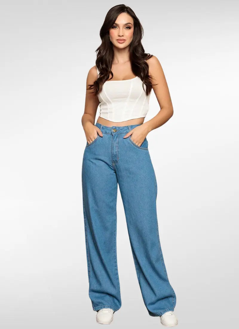 Calça Jeans Feminina wide Leg com Bolso Duplo