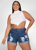 Short Jeans Feminino plus size destroyed com cinto