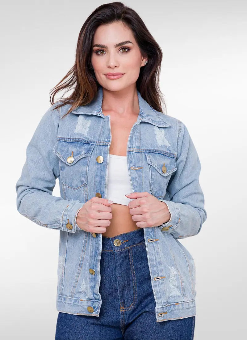 Jaqueta Jeans Feminina max com puídos