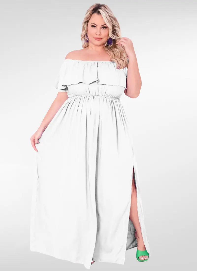 Vestido longo plus size ombro a ombro com fenda