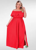 Vestido longo plus size ombro a ombro com fenda