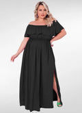 Vestido longo plus size ombro a ombro com fenda