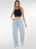 Calça Jeans Feminina Wide Leg Básica Denim Claro