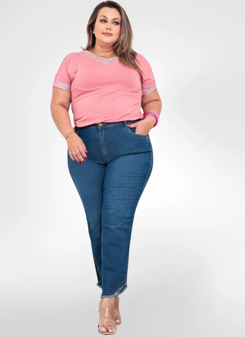 Calça Jeans Feminina plus size capri barra desfiada