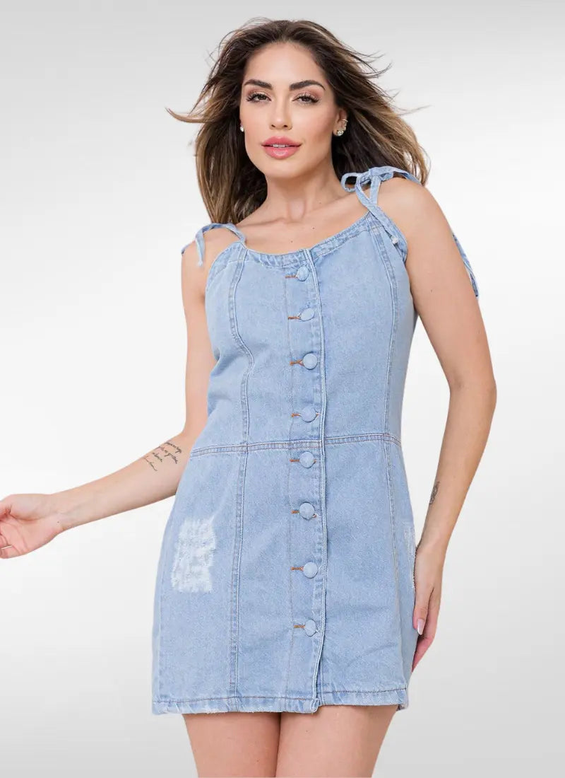 Vestido Jeans curto de alcinha com puídos