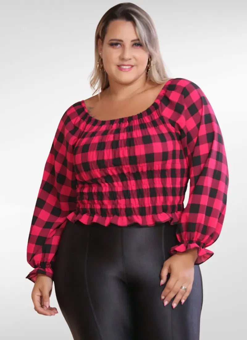 Blusa Feminina plus size ciganinha manga longa xadrez