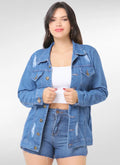 Jaqueta Jeans Feminina parka max com puídos