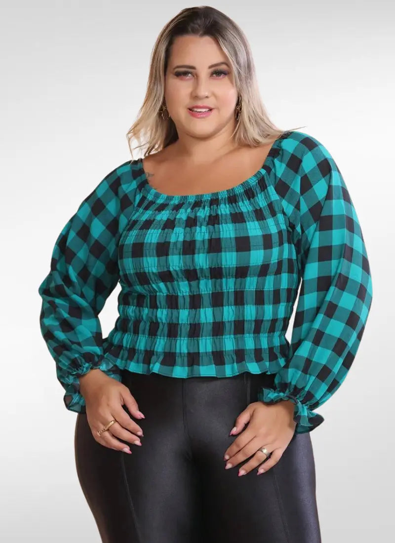 Blusa Feminina plus size ciganinha manga longa xadrez