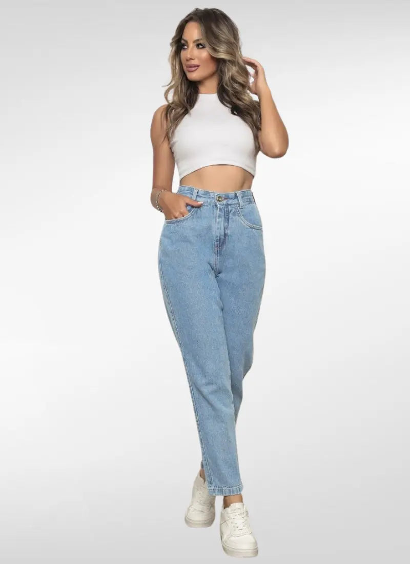 Calça Jeans Feminina Mom Cintura Alta Pespontos