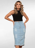 Saia jeans midi fenda lateral com puídos