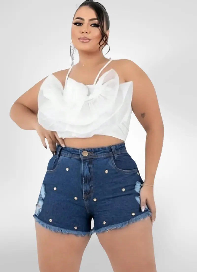 Short Jeans Feminino plus size destroyed com apliques