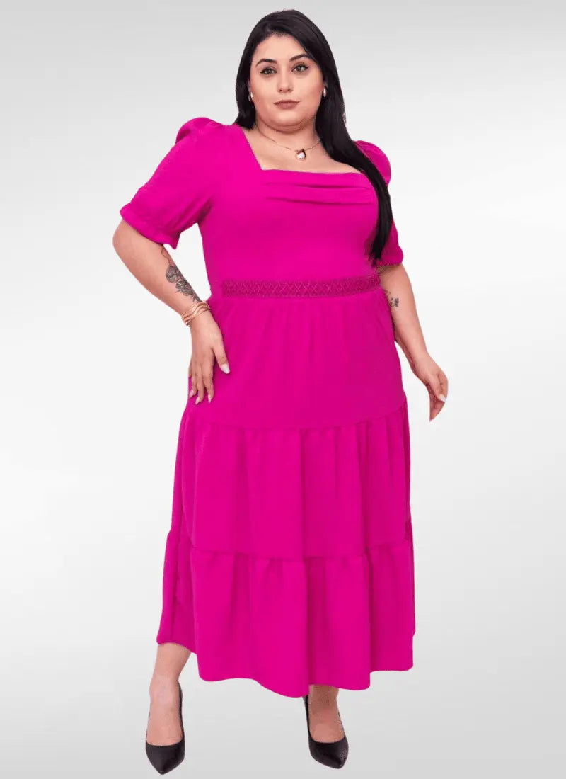 Vestido midi plus size duna com renda na cintura