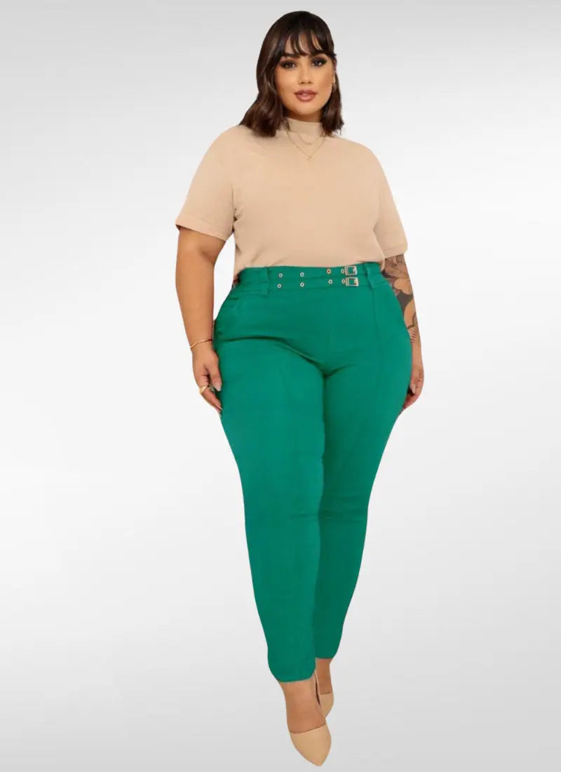 Calça Feminina alfaiataria plus size fivela dupla