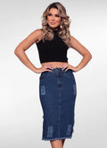 Saia jeans midi fenda lateral com puídos