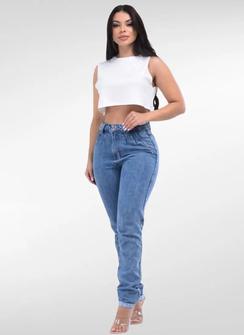 Calça Jeans Feminina Mom bolsos falsos