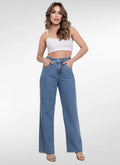 Calça Jeans Feminina Wide Leg Cintura Alta Barra Desfiada