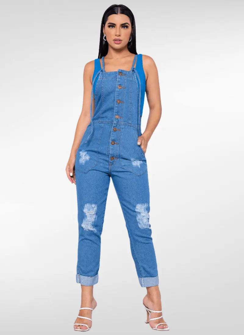 Macacão Jeans Feminino destroyed com botões