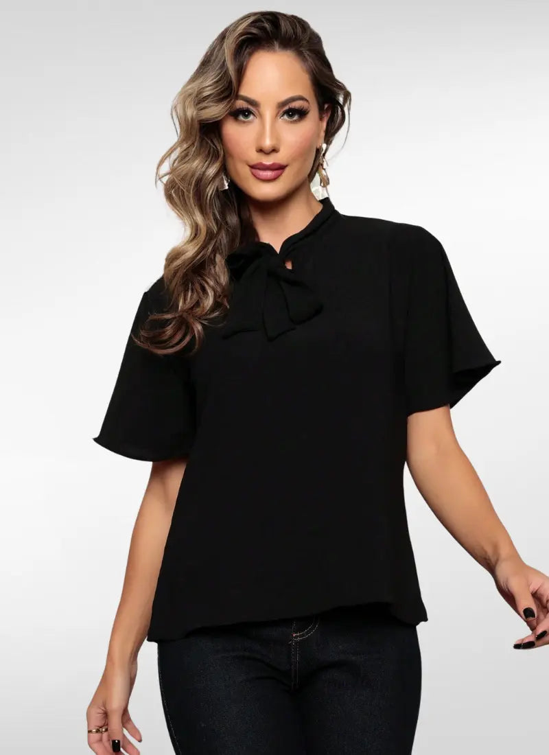 Blusa Feminina manga curta gola com laço