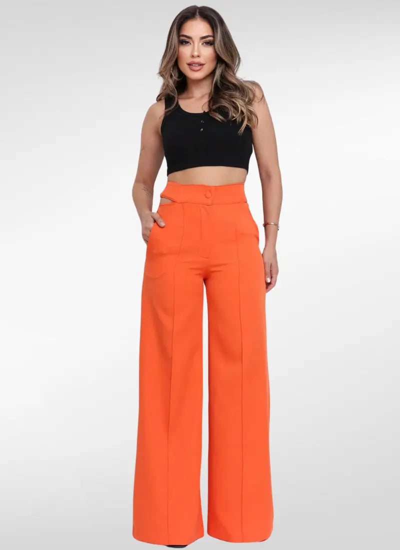 Calça Feminina Alfaiataria wide leg com abertura na cintura