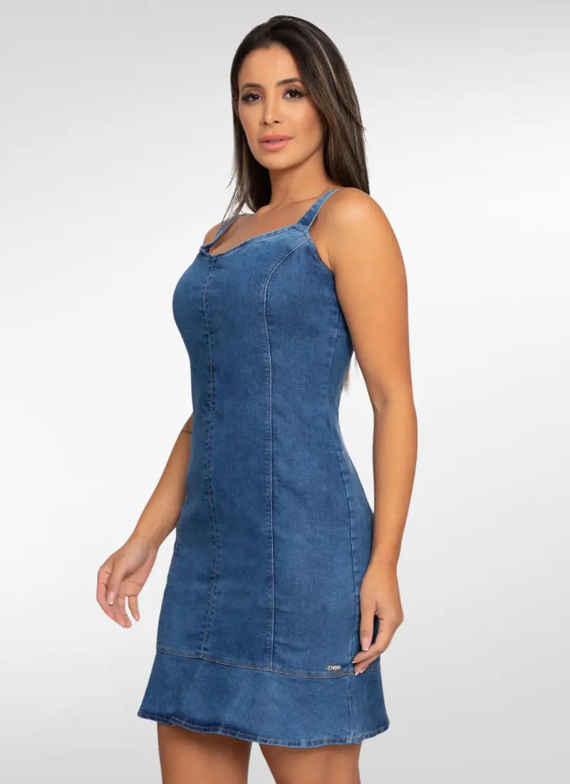 Vestido Jeans midi de Alça babado na barra