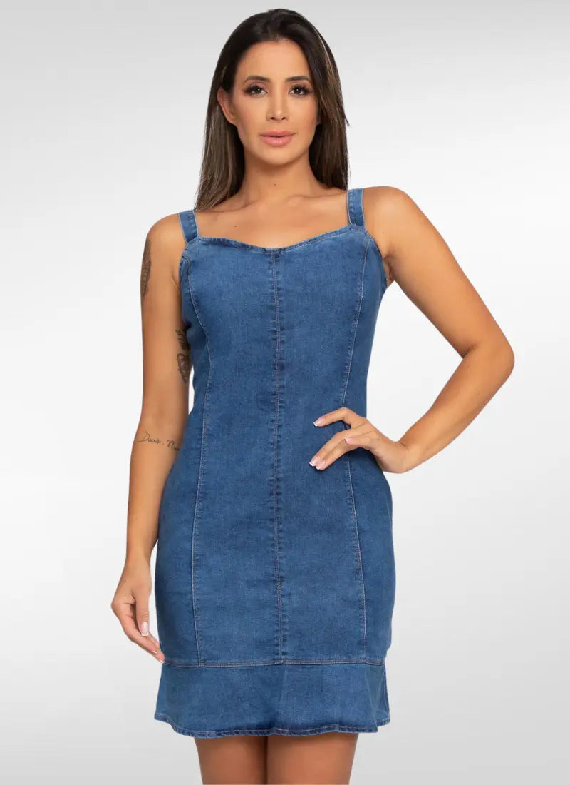 Vestido Jeans midi de Alça babado na barra