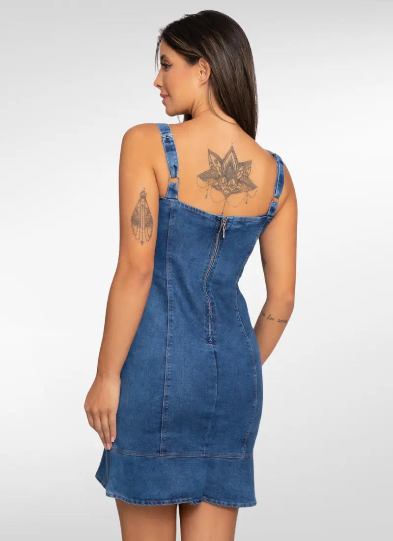 Vestido Jeans midi de Alça babado na barra