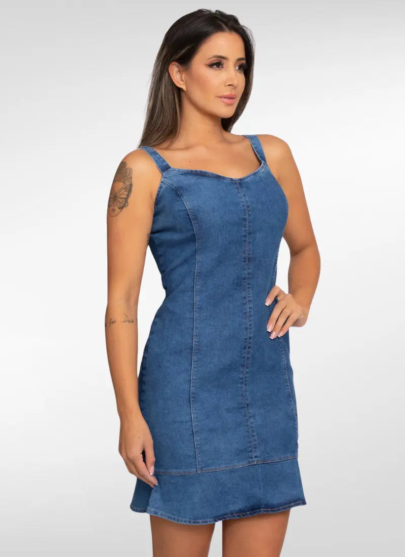 Vestido Jeans midi de Alça babado na barra