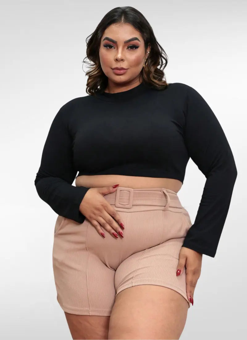 Blusa cropped plus size manga longa