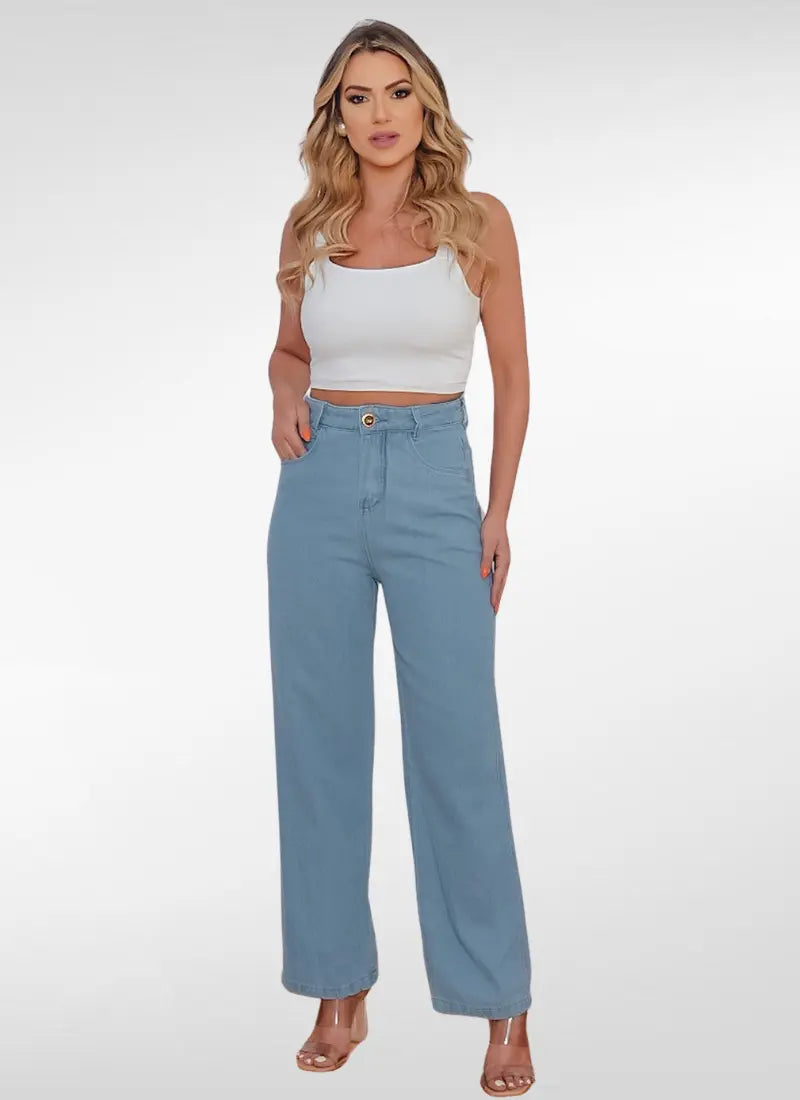 Calça Jeans Feminina Reta Cintura Alta Com Bolsos