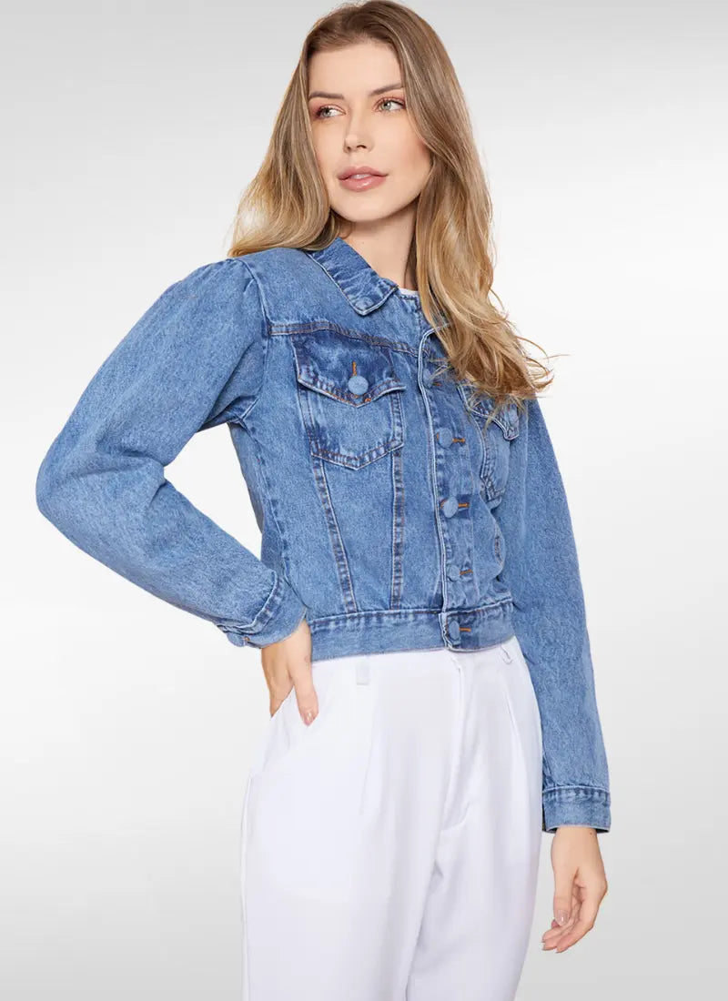 Jaqueta Jeans Feminina manga bufante